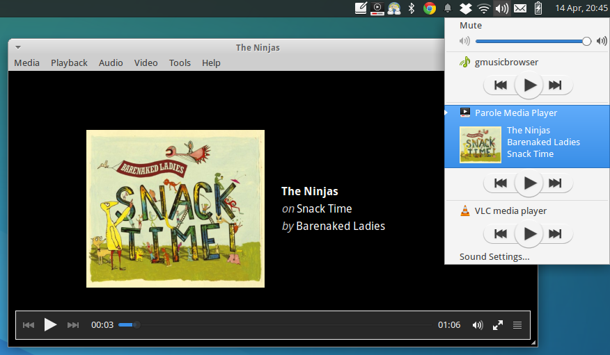 Parole Media Player 0.6.1 displayed with the Greybird GTK theme, playing The Ninjas. The sound indicator is open and shows the current track.