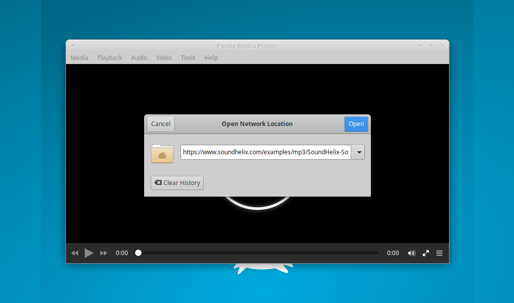 The network location dialog enables remote playback by URL.